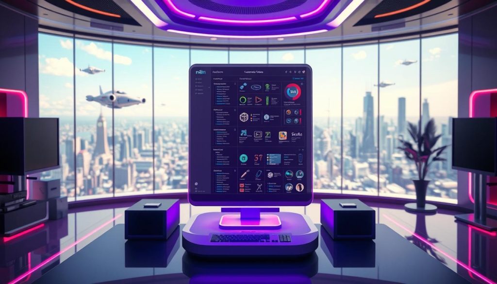 A futuristic, immersive scene showcasing the next-generation capabilities of n8n. In the foreground, a sleek, holographic interface hovers above a desk, displaying an array of customizable workflows and automation tools. The middle ground features a backdrop of a sleek, ultramodern office space, bathed in the warm glow of Royal Purple (#7955a3) accent lighting. In the background, a panoramic window reveals a sprawling cityscape of gleaming skyscrapers and hovercraft, hinting at the boundless possibilities of n8n's expanding ecosystem. The overall atmosphere is one of innovation, efficiency, and a glimpse into the cutting-edge future of workflow automation.