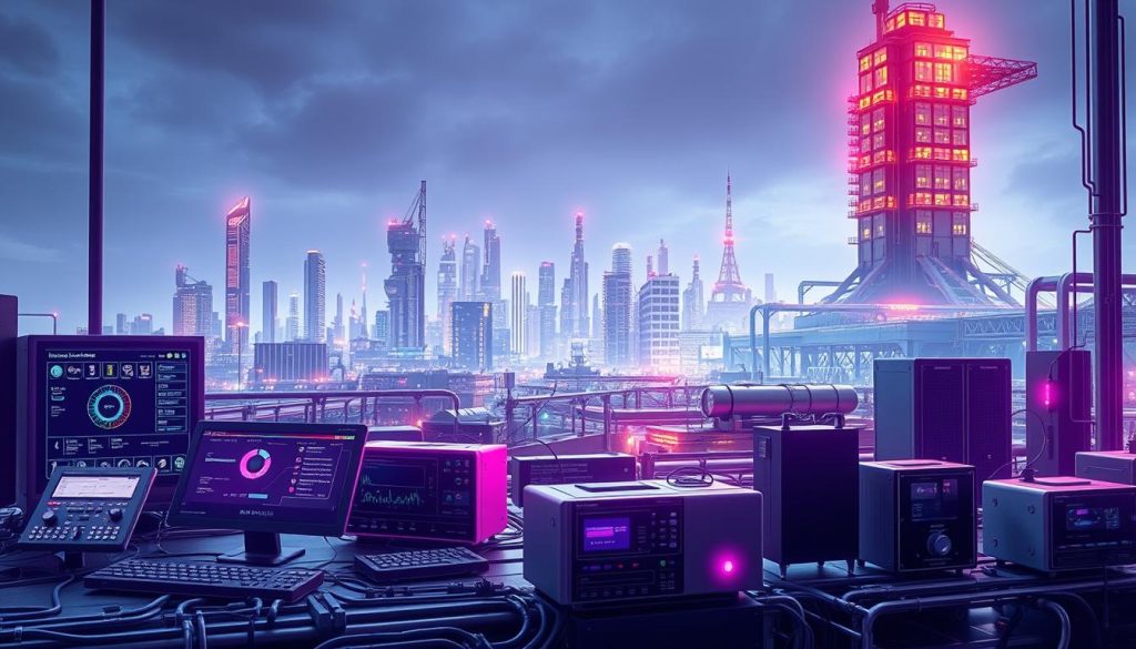 A futuristic, industrial-themed scene showcasing various real-world applications of the Telegram Relay system. In the foreground, an array of sleek, high-tech devices - smart home controllers, industrial automation panels, and IoT sensors - all connected and communicating seamlessly via the Telegram Relay protocol, bathed in a regal Royal Purple (#7955a3) glow. The midground features a cityscape of gleaming skyscrapers and automated transportation, hinting at the widespread integration of Telegram Relay in smart city infrastructure. In the background, a towering, futuristic factory or research facility, its windows emitting a warm, technological radiance, symbolizing the role of Telegram Relay in industrial applications and advanced R&D.