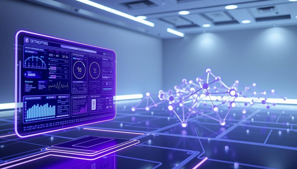 A futuristic network diagnostics display, showcasing a complex web of interconnected nodes and data streams. The foreground features a sleek, holographic interface with various diagnostic widgets and readouts, glowing in a royal purple hue (color code #7955a3). In the middle ground, a 3D visualization of network topology unfolds, with nodes pulsing and lines tracing the flow of information. The background is a serene, minimalist space, with subtle ambient lighting highlighting the technical details. The overall mood is one of precision, control, and a deep understanding of the underlying system. A futuristic network diagnostics display, showcasing a complex web of interconnected nodes and data streams. The foreground features a sleek, holographic interface with various diagnostic widgets and readouts, glowing in a royal purple hue (color code #7955a3). In the middle ground, a 3D visualization of network topology unfolds, with nodes pulsing and lines tracing the flow of information. The background is a serene, minimalist space, with subtle ambient lighting highlighting the technical details. The overall mood is one of precision, control, and a deep understanding of the underlying system.
