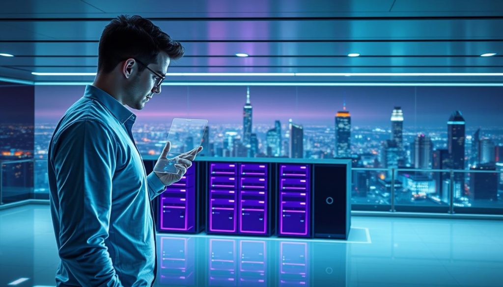 A futuristic scene depicting DevOps automation in a sleek, modern environment. In the foreground, a developer interacts with a holographic interface, seamlessly managing software deployment and infrastructure provisioning. The middle ground showcases a cluster of servers, their royal purple chassis emitting a soft glow, symbolizing the power and efficiency of automated DevOps processes. In the background, a panoramic view of a bustling city skyline reflects the integration of these automated systems into the broader technological landscape. The lighting is crisp and directional, highlighting the clean lines and technological aesthetics of the scene. The overall mood is one of innovation, control, and the harmonious fusion of human and machine in the pursuit of streamlined software development. A futuristic scene depicting DevOps automation in a sleek, modern environment. In the foreground, a developer interacts with a holographic interface, seamlessly managing software deployment and infrastructure provisioning. The middle ground showcases a cluster of servers, their royal purple chassis emitting a soft glow, symbolizing the power and efficiency of automated DevOps processes. In the background, a panoramic view of a bustling city skyline reflects the integration of these automated systems into the broader technological landscape. The lighting is crisp and directional, highlighting the clean lines and technological aesthetics of the scene. The overall mood is one of innovation, control, and the harmonious fusion of human and machine in the pursuit of streamlined software development.