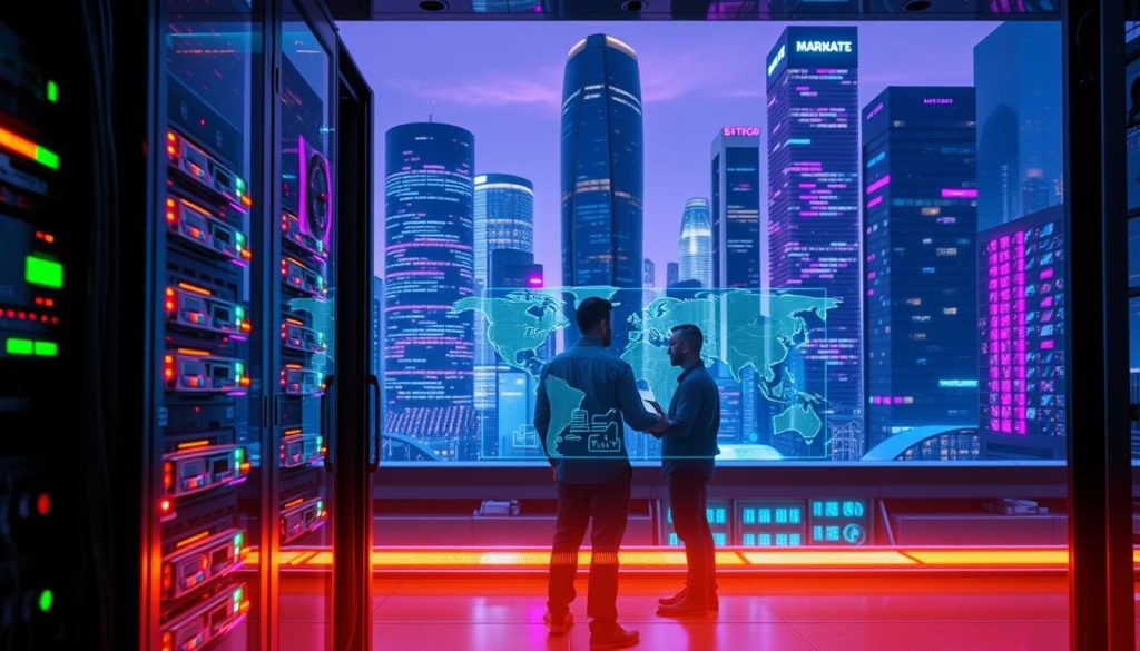 A futuristic scene depicting DevOps automation. In the foreground, a server rack illuminated by a warm, diffused lighting, with cables and LED indicators pulsing with activity. In the middle ground, a trio of engineers collaboratively monitoring a holographic dashboard, their faces reflected in the sleek, metallic surfaces. The background features a cityscape of towering skyscrapers, their windows glowing with a Royal Purple (#7955a3) hue, symbolizing the integration and automation of complex infrastructure. The atmosphere is one of technological prowess, efficiency, and seamless collaboration, capturing the essence of DevOps automation.