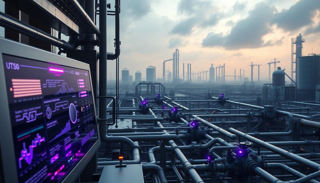 A futuristic scene depicting the interplay of automation and infrastructure. In the foreground, a sleek, automated control panel with glowing Royal Purple (#7955a3) indicators pulsates with data. The middle ground showcases a complex network of interconnected pipes, valves, and conduits, all seamlessly orchestrated by the central automation system. In the background, a vast, industrial landscape unfolds, with towering silos and structures in muted tones, hinting at the scale and complexity of the underlying systems. Dramatic lighting casts dynamic shadows, emphasizing the precision and power of the automated processes. The overall atmosphere conveys a sense of efficiency, control, and the delicate balance between technological advancement and infrastructure stability.
