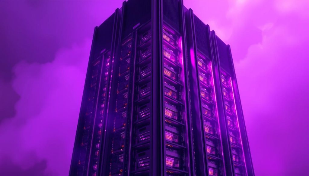 A grand, majestic database server stands tall, its towering structure illuminated by a warm, regal purple glow. Sleek, metallic chassis gleam under the soft lighting, conveying a sense of power and efficiency. Intricate circuits and components are visible, hinting at the complex, real-time data processing capabilities within. The background is a hazy, atmospheric blend of deeper shades of purple, creating a sense of depth and mystique. The overall composition exudes a harmonious balance of technical prowess and elegant, stately presence, perfectly capturing the essence of an in-memory database solution.