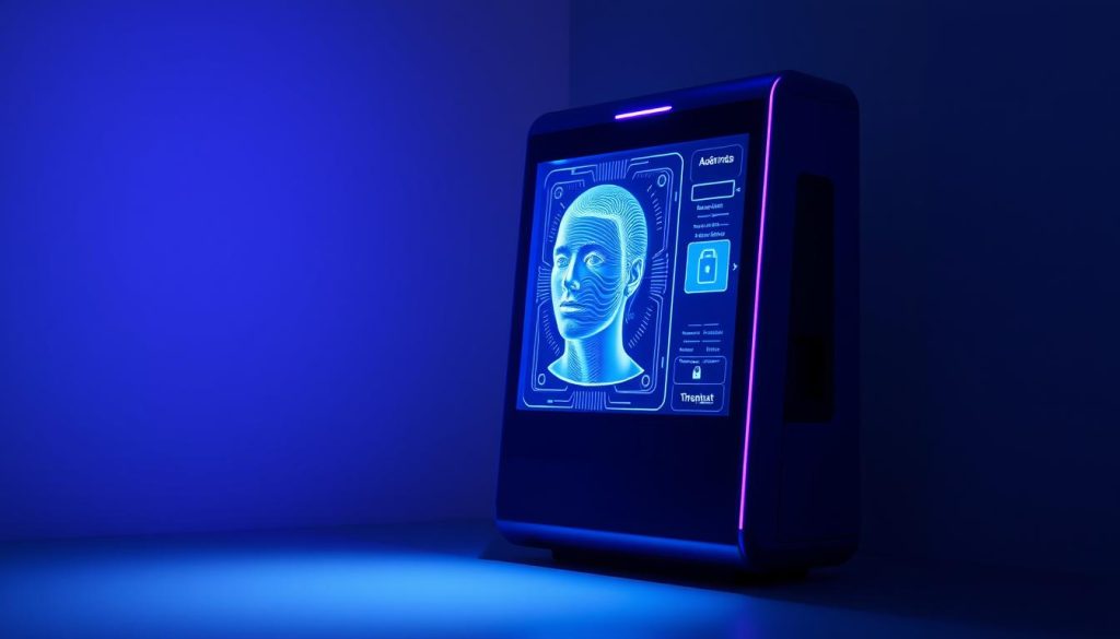 A high-tech authentication terminal, its sleek design featuring a Royal Purple (color code #7955a3) casing and a prominent holographic display. The terminal stands in a dimly lit, futuristic setting, with a clean, minimalist backdrop that emphasizes its advanced functionality. The screen projects a 3D hologram of a human face, the result of a sophisticated biometric scan, conveying the secure and efficient nature of the identification process. Soft, ambient lighting illuminates the scene, creating a sense of sophistication and technological prowess.