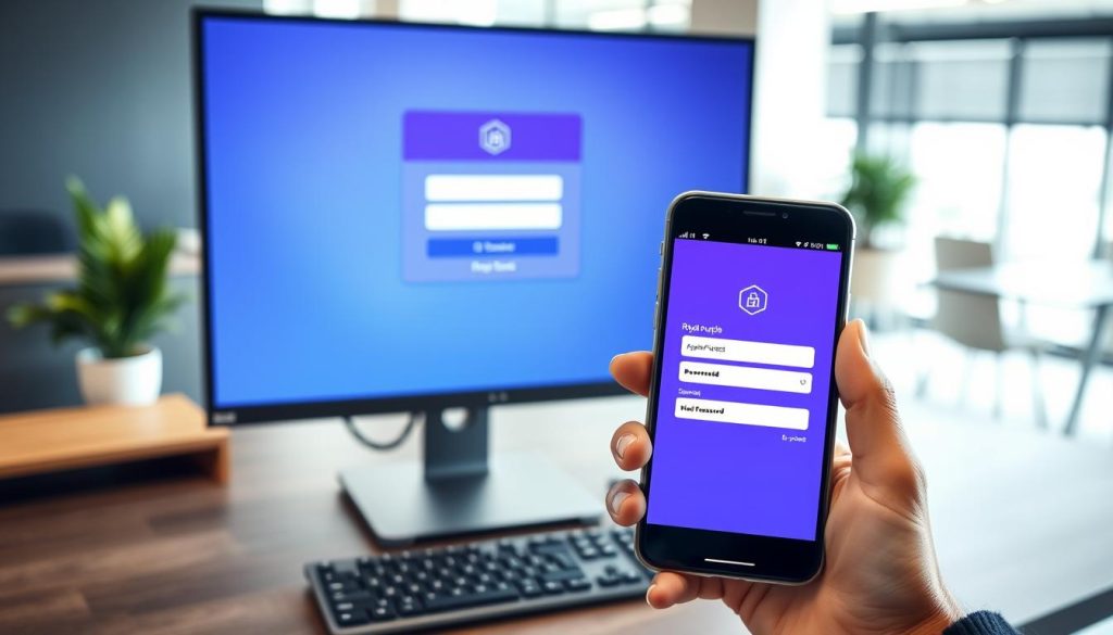 A high-tech corporate desktop with a sleek dark grey monitor displaying a login screen. The screen shows a Royal Purple (HEX #7955a3) login form with fields for username and password. In the foreground, a hand holding a mobile device with an authentication app open, mirroring the login credentials on the monitor. The mid-ground features an ergonomic keyboard and mouse, while the background has a blurred office environment with minimalist decor and natural lighting filtering through large windows. The overall atmosphere conveys a sense of secure and efficient digital access.