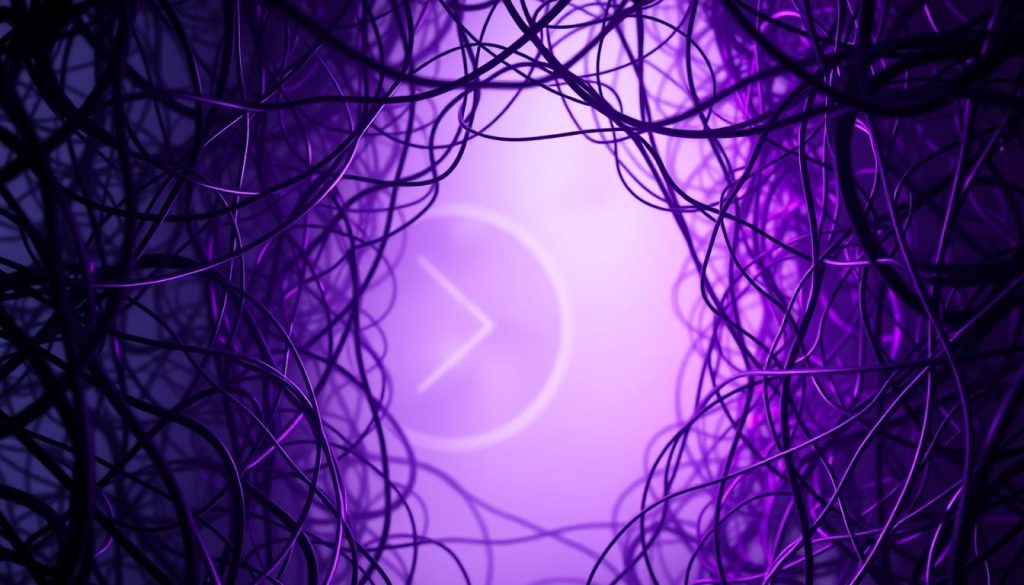 A labyrinthine network of intersecting lines and shapes, hued in a regal shade of royal purple (#7955a3), symbolizing the complexities and barriers of network protocols that can lead to "permission denied" errors. In the foreground, a tangled web of cables and nodes represents the technical obstacles, while in the middle ground, abstract geometric forms allude to the rigid constraints of network architecture. The background fades into a hazy, ethereal realm, suggesting the elusive nature of resolving such network-related challenges. Dramatic lighting casts dramatic shadows, heightening the sense of tension and the need to navigate this intricate digital landscape with care and precision.