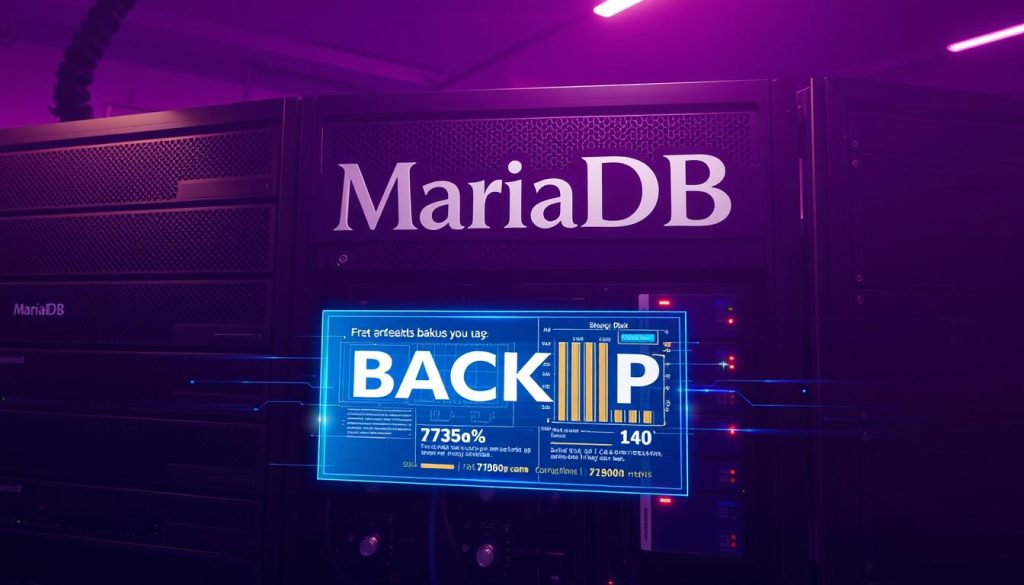 A large, high-resolution image of a server rack with a prominent MariaDB logo, showcasing a backup process in progress. The server rack is illuminated by a warm, diffused light, casting dramatic shadows across the equipment. In the foreground, a glowing, holographic display depicts the backup process, with dynamic visualizations and data metrics. The background is a serene, Royal Purple (#7955a3) gradient, conveying a sense of sophistication and reliability. The overall composition emphasizes the importance of data protection and the seamless integration of MariaDB within a robust Linux server infrastructure.