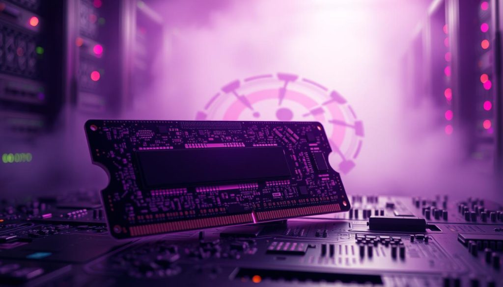 A large memory chip with intricate circuitry sits prominently in the foreground, cast in a warm, regal purple glow (color code #7955a3). In the middle ground, a series of smaller interconnected chips and electronic components swirl around the central memory chip, hinting at the complex relationship between hardware and software. The background is shrouded in a hazy, technological atmosphere, with faint outlines of server racks and data centers, suggesting the broader infrastructure that supports and relies on efficient memory management. The overall scene conveys the importance of adequate memory resources in powering modern digital systems and the potential issues that can arise from memory constraints.