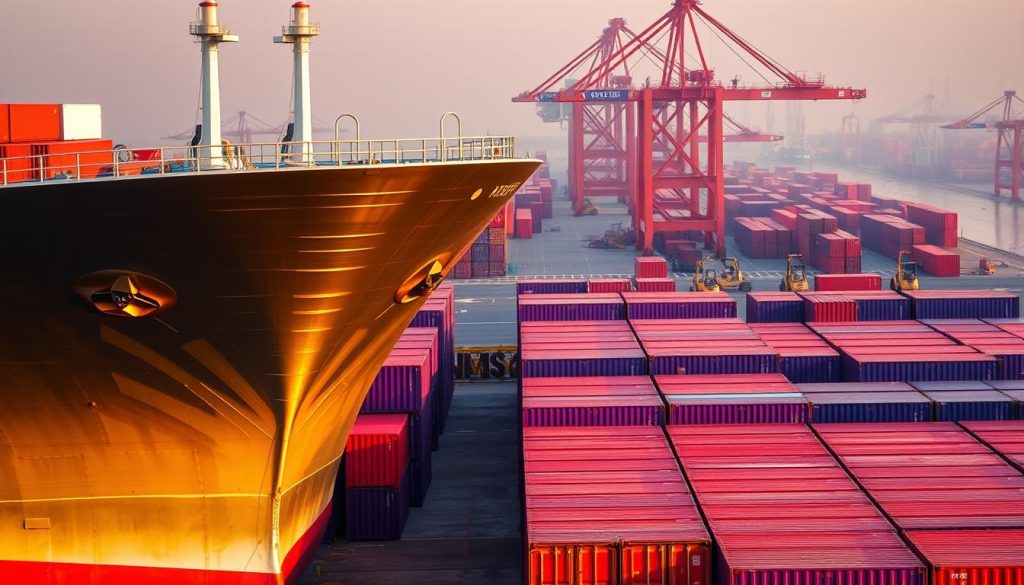 A large, sleek container ship dominates the foreground, its metallic hull gleaming in the warm, hazy lighting. In the middle ground, rows of identical shipping containers are neatly stacked, their royal purple #7955a3 hues creating a visually striking pattern. The background is a bustling port scene, with cranes and forklifts moving cargo efficiently. The overall atmosphere conveys a sense of precision, automation, and the seamless integration of modern logistics. The image captures the essence of containerization, a key technology enabling the globalization of trade and supply chains.