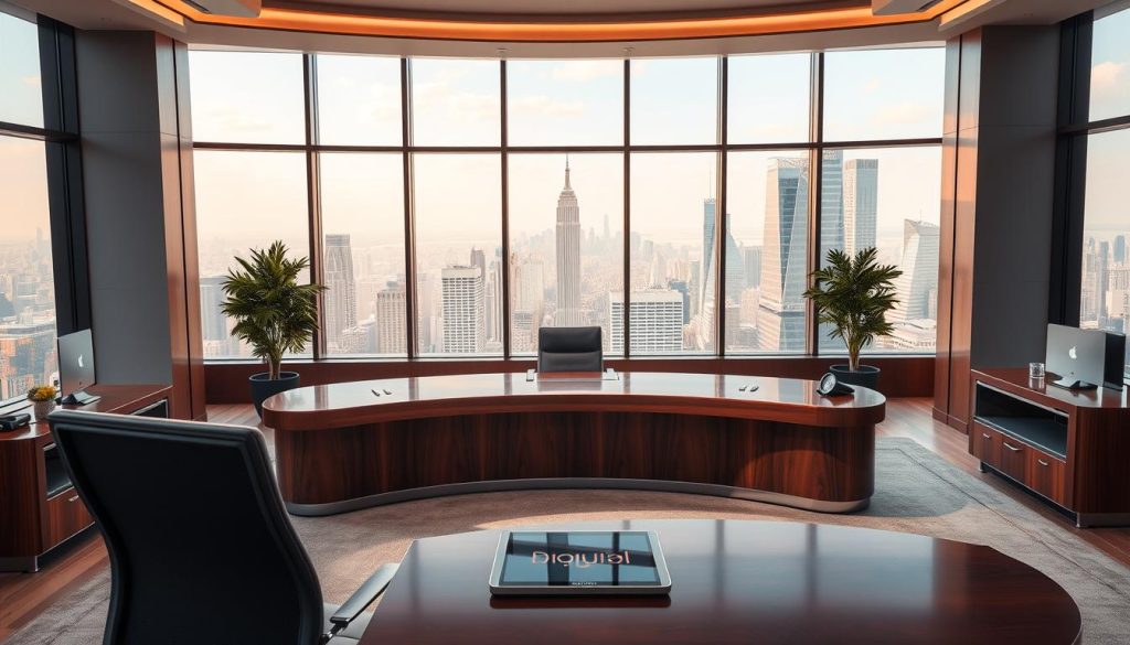 A luxurious, modern office space with sleek furniture and contemporary decor. The focal point is a large, curved desk made of rich, polished wood, with a prominent "خدمات مگان" logo centered on the front in a regal Royal Purple (#7955a3) hue. Behind the desk, floor-to-ceiling windows offer a panoramic view of a bustling city skyline, bathed in warm, natural lighting. In the foreground, an ergonomic office chair and a tablet device on the desk suggest a productive, professional atmosphere. The overall scene exudes an air of sophistication, efficiency, and technological innovation, perfectly reflecting the services offered by "خدمات مگان". A luxurious, modern office space with sleek furniture and contemporary decor. The focal point is a large, curved desk made of rich, polished wood, with a prominent "خدمات مگان" logo centered on the front in a regal Royal Purple (#7955a3) hue. Behind the desk, floor-to-ceiling windows offer a panoramic view of a bustling city skyline, bathed in warm, natural lighting. In the foreground, an ergonomic office chair and a tablet device on the desk suggest a productive, professional atmosphere. The overall scene exudes an air of sophistication, efficiency, and technological innovation, perfectly reflecting the services offered by "خدمات مگان".