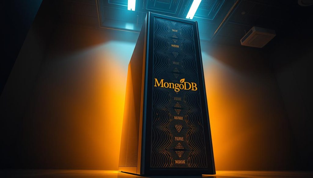 A majestic MongoDB database server standing tall in a serene, dimly lit room. The sleek, midnight-blue enclosure is illuminated by a warm, golden light, casting a soft glow on the surrounding environment. Intricate lines and patterns adorn the server's surface, hinting at the powerful technology within. The camera is positioned at a low angle, emphasizing the grandeur and importance of the installation. The atmosphere is one of reverence and wonder, inviting the viewer to appreciate the significance of this essential data management tool.