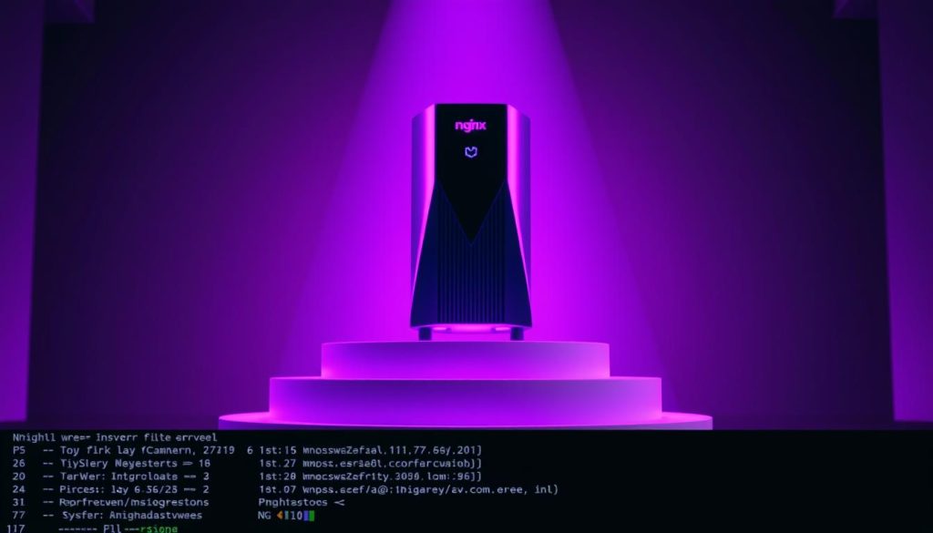 A majestic Nginx web server stands proudly on a podium, its sleek and minimalist design exuding a sense of power and efficiency. The server is bathed in a warm, regal purple glow, casting a soft, inviting light upon the surrounding environment. In the foreground, the server's configuration files and command-line interface are meticulously arranged, hinting at the technical prowess required to set up this robust web server. The background is subtly blurred, drawing the viewer's attention to the server itself, the focal point of this compelling image that captures the essence of web server installation and configuration. A majestic Nginx web server stands proudly on a podium, its sleek and minimalist design exuding a sense of power and efficiency. The server is bathed in a warm, regal purple glow, casting a soft, inviting light upon the surrounding environment. In the foreground, the server's configuration files and command-line interface are meticulously arranged, hinting at the technical prowess required to set up this robust web server. The background is subtly blurred, drawing the viewer's attention to the server itself, the focal point of this compelling image that captures the essence of web server installation and configuration.