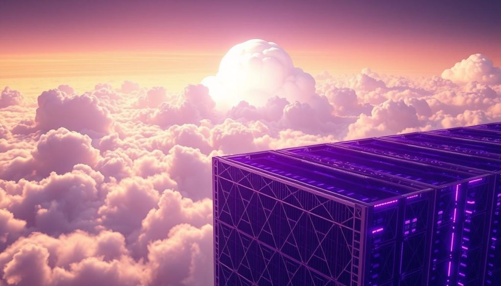 A majestic, cloud-like infrastructure in the sky, illuminated by a warm, diffused lighting. In the foreground, sleek, ethereal data centers in shades of royal purple (#7955a3), their intricate architecture and cool, geometric shapes contrasting with the soft, billowing clouds in the background. Elegant, futuristic components seamlessly integrated, creating a harmonious, high-tech ecosystem. A sense of power, efficiency, and cutting-edge technology permeates the scene, hinting at the advanced capabilities of the Megan cloud platform.