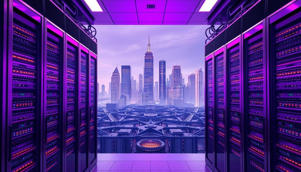 A majestic self-hosted Elasticsearch instance, its regal purple hues exuding a sense of power and authority. In the foreground, sleek server racks hum with the energy of seamless data processing, their cool metallic surfaces reflecting the warm lighting above. The middle ground showcases a complex web of interconnected nodes, each a vital component of the robust, self-managed infrastructure. In the background, a cityscape of towering skyscrapers symbolizes the scale and scope of the self-hosted Elasticsearch solution, capable of handling the demands of a thriving, data-driven enterprise.