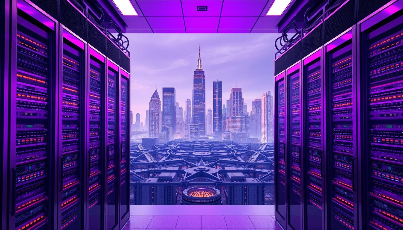 A majestic self-hosted Elasticsearch instance, its regal purple hues exuding a sense of power and authority. In the foreground, sleek server racks hum with the energy of seamless data processing, their cool metallic surfaces reflecting the warm lighting above. The middle ground showcases a complex web of interconnected nodes, each a vital component of the robust, self-managed infrastructure. In the background, a cityscape of towering skyscrapers symbolizes the scale and scope of the self-hosted Elasticsearch solution, capable of handling the demands of a thriving, data-driven enterprise.