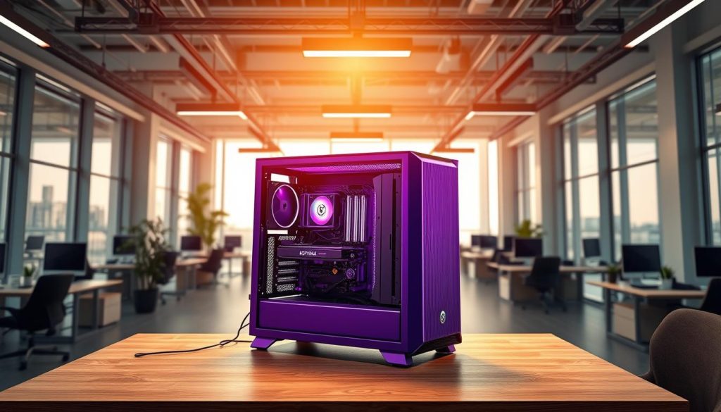 A meticulously accurate representation of a production environment, showcasing a sleek, high-end workstation setup. The scene features a state-of-the-art desktop computer, adorned with a royal purple (#7955a3) chassis, standing atop a minimalist, wooden desk. Overhead, a warm, directional lighting system casts a soft, even glow, illuminating the scene and highlighting the intricate details of the computer hardware. In the background, a seamless, photorealistic backdrop depicts a modern, open-concept office space, complete with floor-to-ceiling windows that flood the area with natural light. The overall composition conveys a sense of precision, professionalism, and attention to detail, perfectly capturing the essence of &amp;quot;Accurate Production Environment Simulation&amp;quot; within the context of the article's subject matter.