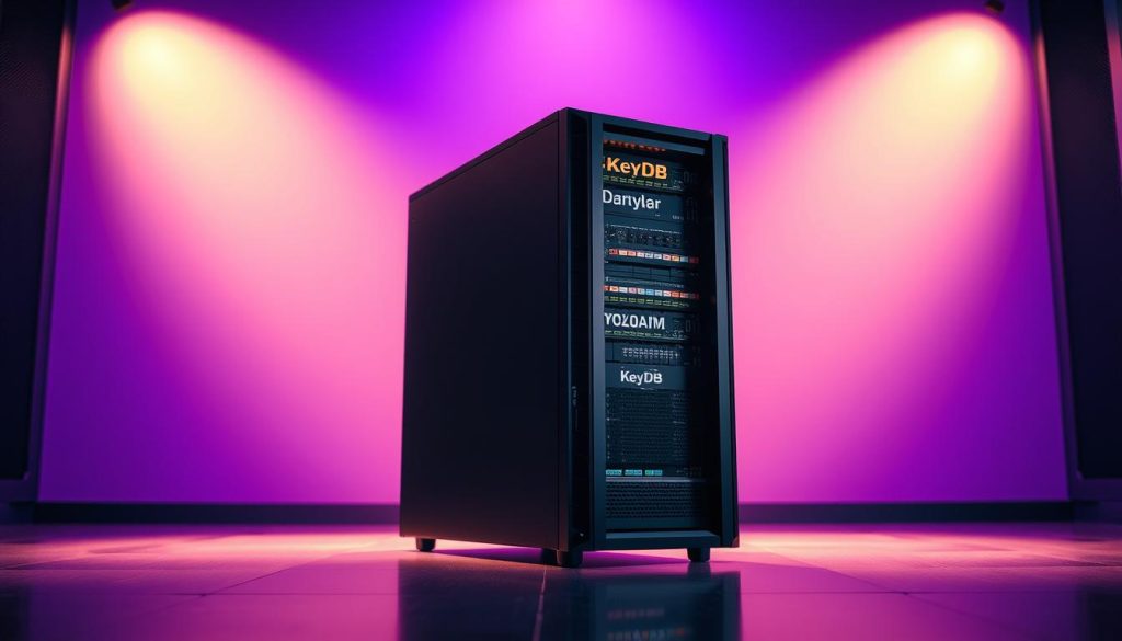 A meticulously configured KeyDB server stands at the center, its sleek black casing illuminated by soft, warm lighting. The server's intricate circuitry and elegant design evoke a sense of technological sophistication. In the background, a majestic royal purple gradient creates a regal and sophisticated atmosphere, complementing the server's premium aesthetic. The composition is captured from a slightly elevated angle, drawing the viewer's attention to the server's prominent position. The overall scene conveys a sense of power, efficiency, and attention to detail, perfectly aligning with the technical nature of the KeyDB service.