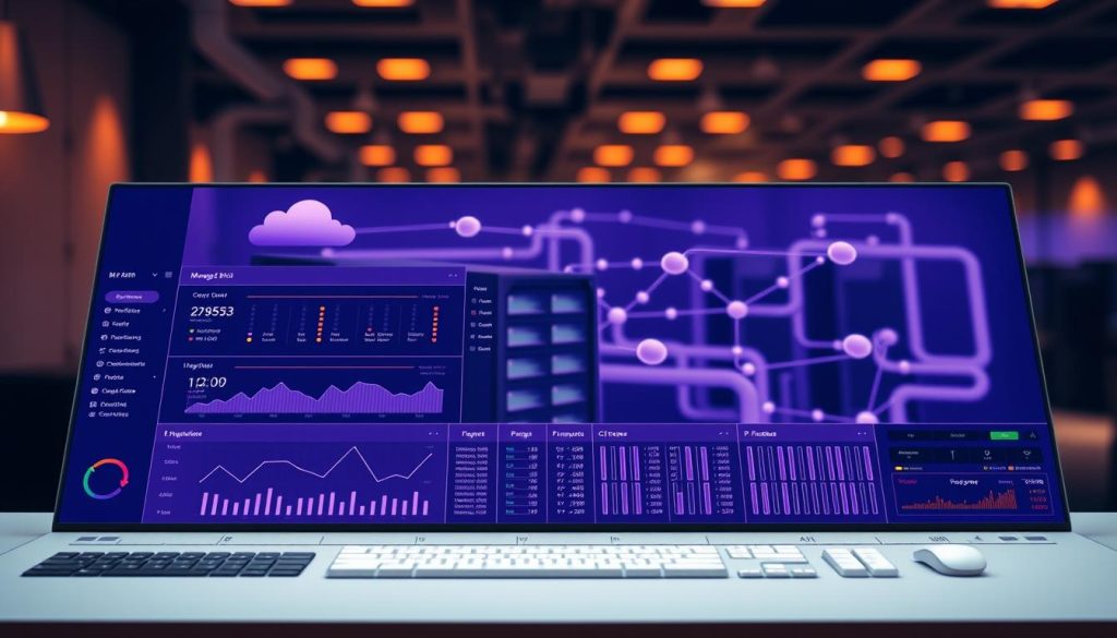A meticulously designed control panel showcasing a managed CI (Continuous Integration) service. In the foreground, a sleek, minimalist user interface with clean lines and a regal #7955a3 (Royal Purple) color scheme. Elegant data visualizations and intuitive controls allow for seamless management of build pipelines. In the middle ground, a network of interconnected servers and cloud resources, working in harmony to power the CI workflows. The background is softly blurred, hinting at the vast scale and complexity of the underlying infrastructure. Warm, directional lighting casts a subtle glow, conveying a sense of reliability and professionalism. The overall mood is one of sophistication, efficiency, and the power of a managed CI solution.
