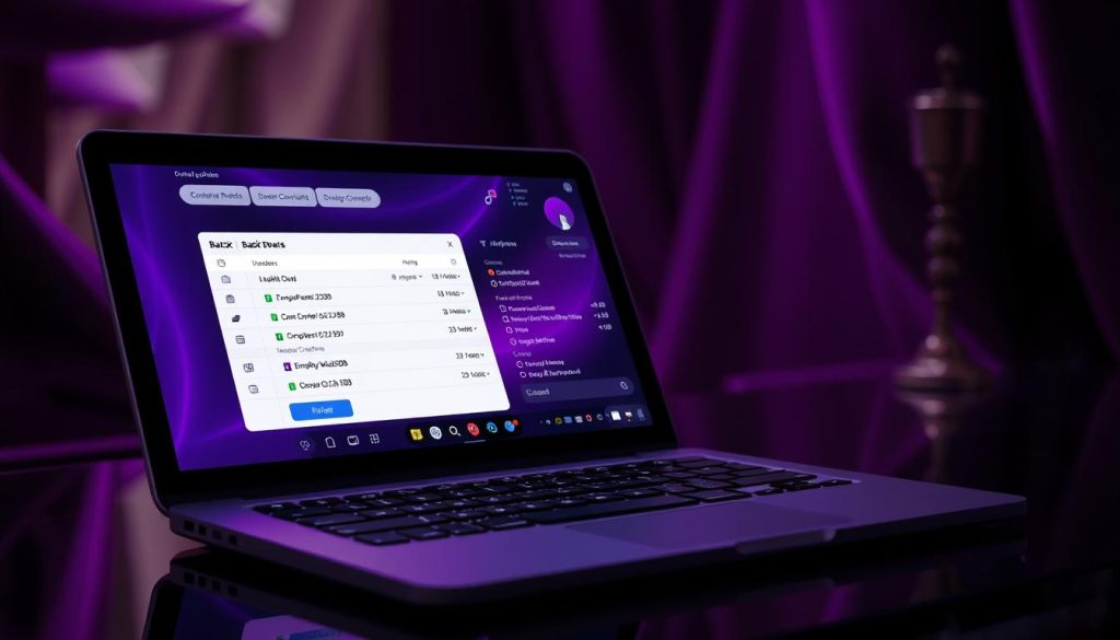 A meticulously detailed backup process unfolding within the sleek, sophisticated interface of Megan. A serene, regal ambiance pervades the scene, with rich, imperial purple hues casting a majestic glow. Smooth, elegant lines and curves define the device's elegant form, while a shimmering, high-resolution display showcases the backup workflow in progress. Subtle lighting accentuates the precision and sophistication of the backup operation, inviting the viewer to appreciate the power and reliability of this WordPress and MariaDB environment.