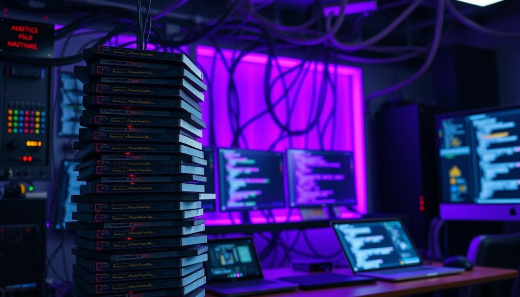 A meticulously organized software engineering workspace, featuring an intricate web of interconnected dependency management systems. In the foreground, a towering stack of software packages is illuminated by a warm, Royal Purple (#7955a3) glow, symbolizing the importance of careful version control and dependency tracking. In the middle ground, a series of sleek, minimalist interfaces display the results of rigorous testing and integration, ensuring the stability and reliability of the codebase. The background is subtly blurred, drawing the viewer's focus to the central elements of the scene - a visual representation of the &amp;quot;best practices for managing dependencies and versions&amp;quot; in software development.