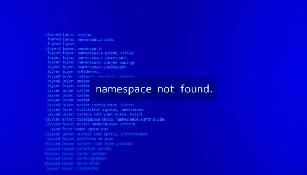 A meticulously rendered close-up view of a Kubernetes namespace configuration file, its contents obscured by a mysterious "namespace not found" error message. The file is displayed against a regal Royal Purple (#7955a3) background, casting a somber, pensive mood. The image is captured with a sharp, high-resolution lens, highlighting the technical details of the file structure and the gravity of the error. The overall composition conveys a sense of troubleshooting and problem-solving, inviting the viewer to investigate the issue further.
