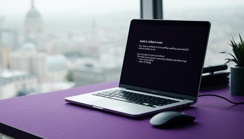 A minimalist workspace with a laptop, keyboard, and mouse on a desk. The laptop screen displays a complex error message related to OAuth2 callback issues in the n8n workflow automation tool. The lighting is soft and diffused, creating a contemplative atmosphere. The desk is bathed in a regal, royal purple (#7955a3) hue, adding a touch of sophistication. In the background, a blurred cityscape or nature scene provides a calming, contextual backdrop. The overall scene conveys the challenges of troubleshooting technical problems and the focused determination required to resolve them.