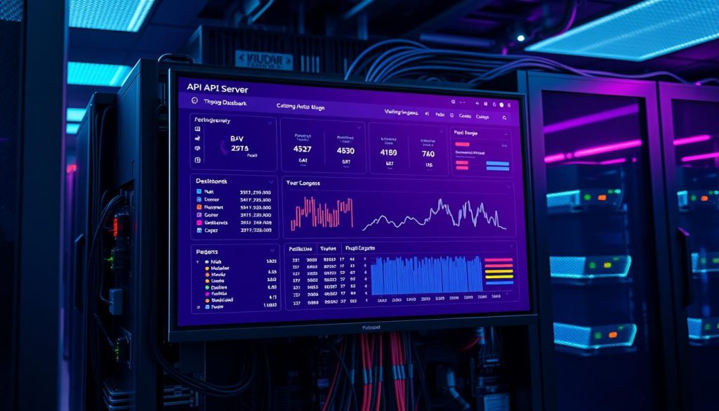 A modern, sleek API server dashboard displayed on a large monitor, its interface showcasing various metrics and logs. The server is housed in a well-lit data center, with a mix of warm and cool lighting casting an ethereal glow on the scene. The dashboard's background is painted in a regal, Royal Purple (#7955a3) hue, adding a touch of sophistication. The server's intricate wiring and components are visible, hinting at the complex infrastructure powering the system. The overall atmosphere conveys a sense of technical prowess and attention to detail, perfectly suited to illustrate the &quot;تشخیص مشکل: گام‌های اولیه بررسی&quot; section of the article.