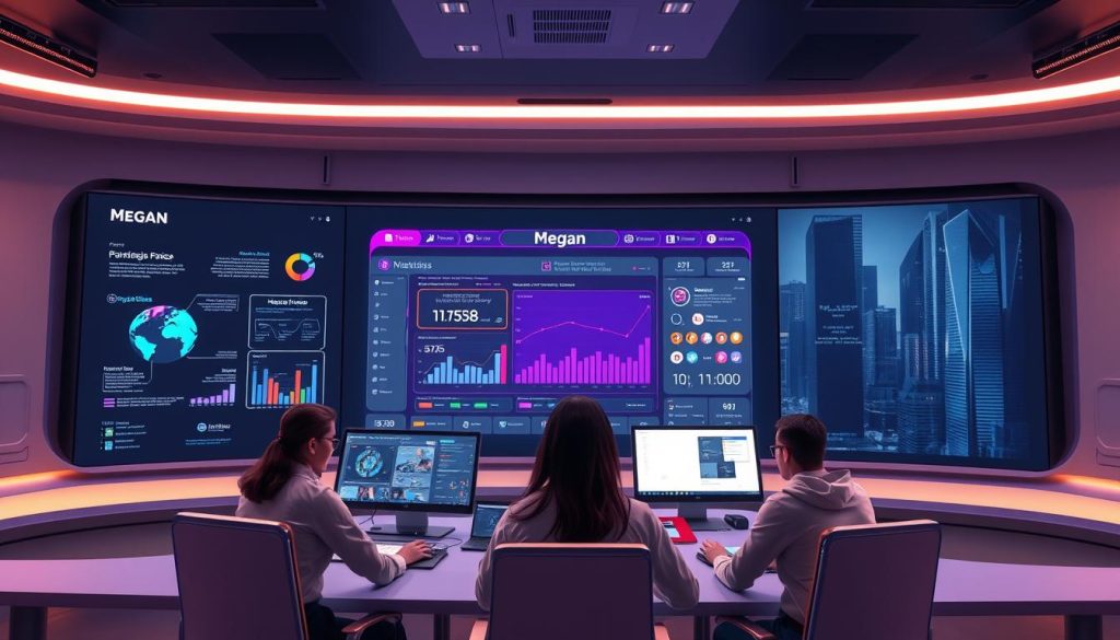 A modern, sleek interface showcasing the comprehensive services of Megan, a cutting-edge AI-powered testing platform. The scene depicts a futuristic control center, with a central dashboard displaying real-time analytics and insights. In the foreground, a team of software engineers collaborates seamlessly, utilizing Megan's intuitive tools to streamline their testing processes. The middle ground features a Royal Purple-accented display, highlighting Megan's advanced capabilities, while the background showcases a cityscape of towering skyscrapers, symbolic of the platform's global reach and impact. Soft, diffused lighting creates a warm, inviting atmosphere, conveying Megan's user-friendly and efficient nature.