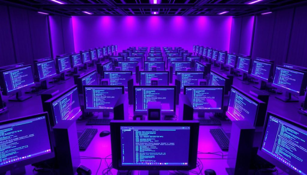 A parallel testing setup with rows of sleek, modern desktop computers arranged in a symmetrical layout. The workstations are bathed in a regal, royal purple glow (HEX #7955a3) that creates a vibrant, futuristic atmosphere. Each computer screen displays a series of terminal windows and code editor interfaces, symbolizing the simultaneous execution of various test suites. The overall composition conveys a sense of efficiency, precision, and technological prowess, perfectly illustrating the optimization of the testing process for improved build times.