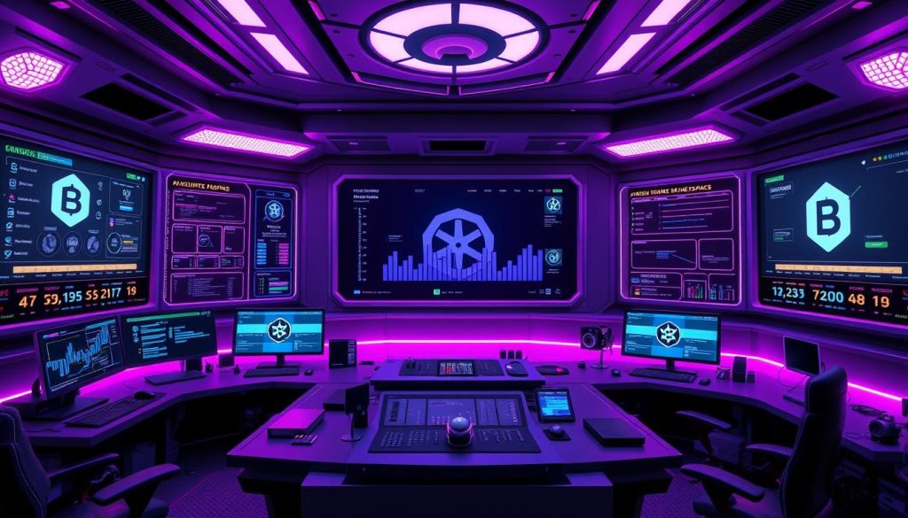 A pristine, well-ordered Kubernetes namespace, meticulously monitored from a futuristic command center. The scene is bathed in a regal, royal purple glow (#7955a3), creating a sense of authority and control. Sleek, high-resolution displays showcase real-time metrics and health status, while a central console allows for precise management of resources and workloads. The overall atmosphere is one of technology, precision, and proactive oversight - a visual representation of the strategies employed to prevent the recurrence of namespace-related errors.