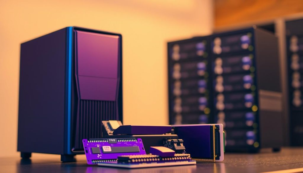 A professional server setup with a focus on hardware and software prerequisites for installing MariaDB. A server tower stands prominently in the foreground, its sleek and modern design exuding a sense of power and reliability. In the middle ground, various computer hardware components are neatly arranged, including a CPU, RAM, and storage drives, all in a royal purple hue that conveys a sense of sophistication. The background is softly blurred, drawing the viewer's attention to the essential elements needed for a successful MariaDB installation. The lighting is warm and directional, creating depth and emphasizing the technical details. The overall atmosphere is one of diligence, preparation, and a commitment to a seamless database deployment.