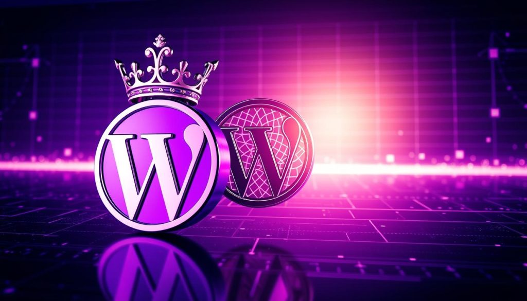 A regal, majestic WordPress logo emerges from a shimmering MariaDB database interface. The design is sleek and modern, with a harmonious balance of purple hues and metallic accents. The foreground features the iconic WordPress "W" emblem, meticulously crafted with attention to detail. In the middle ground, the MariaDB symbol takes center stage, its intricate patterns and smooth lines complementing the WordPress element. The background showcases a subtle, glowing grid, hinting at the powerful infrastructure that supports this dynamic duo. The lighting is soft and dramatic, casting shadows that add depth and dimensionality to the composition. The overall atmosphere is one of sophisticated technology and seamless integration, reflecting the best practices and practical recommendations for this software pairing.