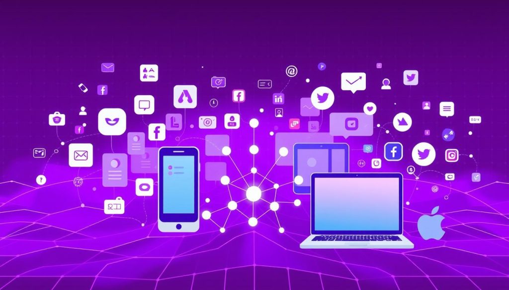 A seamless integration of digital tools and platforms, showcasing the versatility of postiz within a vibrant, royal purple-hued digital landscape. Sleek, modern UI elements and intuitive icons convey the ease of use and comprehensive functionality of postiz's social media management capabilities. The foreground features a central, abstract representation of connectivity, symbolizing the seamless integration of postiz with various social media channels. The middle ground depicts a collage of mobile devices, tablets, and laptops, highlighting the cross-platform compatibility and accessibility of postiz. The background showcases a subtle, ethereal grid pattern, subtly evoking the interconnected nature of the digital world that postiz navigates with efficiency and elegance.