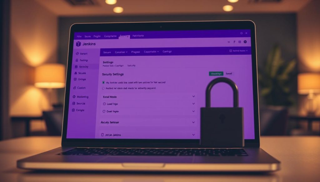 A secure Jenkins configuration against data leaks, set against a backdrop of a serene and professional office environment. The scene features a laptop displaying the Jenkins dashboard, with a focus on the security settings panel. The lighting is warm and subdued, creating a sense of thoughtfulness and attention to detail. The color palette is dominated by a regal, royal purple hue (#7955a3), reflecting the importance of robust security measures in software development pipelines. The overall composition conveys a sense of control, order, and the diligent implementation of best practices to safeguard sensitive information. A secure Jenkins configuration against data leaks, set against a backdrop of a serene and professional office environment. The scene features a laptop displaying the Jenkins dashboard, with a focus on the security settings panel. The lighting is warm and subdued, creating a sense of thoughtfulness and attention to detail. The color palette is dominated by a regal, royal purple hue (#7955a3), reflecting the importance of robust security measures in software development pipelines. The overall composition conveys a sense of control, order, and the diligent implementation of best practices to safeguard sensitive information.
