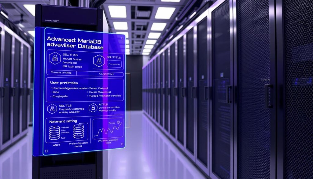 A secure and advanced MariaDB database server operating in a sleek, modern data center. A holographic display shows detailed information about user permissions, SSL/TLS encryption settings, and network traffic monitoring. The server is housed in a tall rack with precise lighting, emitting a soft glow. The overall mood is one of technological sophistication and attention to security, with the Royal Purple color scheme adding an air of authority and elegance.