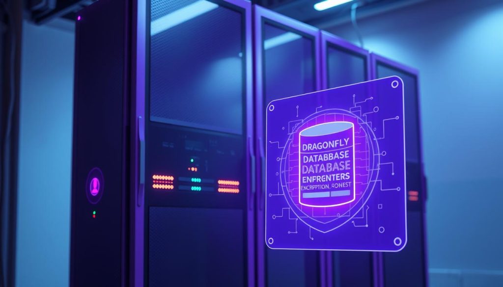 A secure, futuristic database server stands tall, its sleek lines and Royal Purple (#7955a3) hues conveying a sense of power and protection. Glowing panels and intricate circuits adorn the surface, hinting at the advanced security measures in place. In the foreground, a holographic display showcases the Dragonfly database, its data meticulously guarded by cutting-edge encryption and access controls. The background is bathed in a soft, ambient light, creating an atmosphere of safety and reliability. The entire scene exudes a sense of technological sophistication and unwavering commitment to safeguarding crucial information.