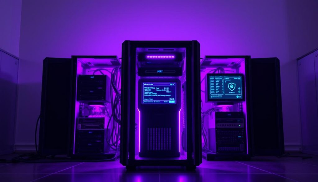 A self-hosted firewall system stands guard, its sleek design radiating a regal purple hue (RGB: #7955a3). Precision components arranged in a symmetrical layout, resembling a high-tech fortress. Soft lighting casts dramatic shadows, emphasizing the depth and complexity of the hardware. The interface displays real-time network activity, vigilantly monitoring for any threats. A sense of security and control pervades the scene, the self-hosted firewall ready to safeguard the digital realm.