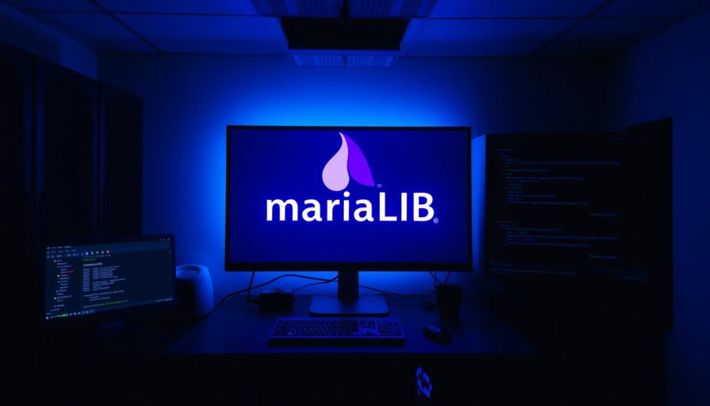 A serene Linux server setup in a dimly lit room, with a cool blue-tinted lighting illuminating the MariaDB logo in royal purple (#7955a3) on the display. The desktop is organized, with various terminal windows and database management tools arranged neatly. The room has a sense of focus and professionalism, reflecting the process of installing and configuring the powerful open-source database system on the Ubuntu operating system.