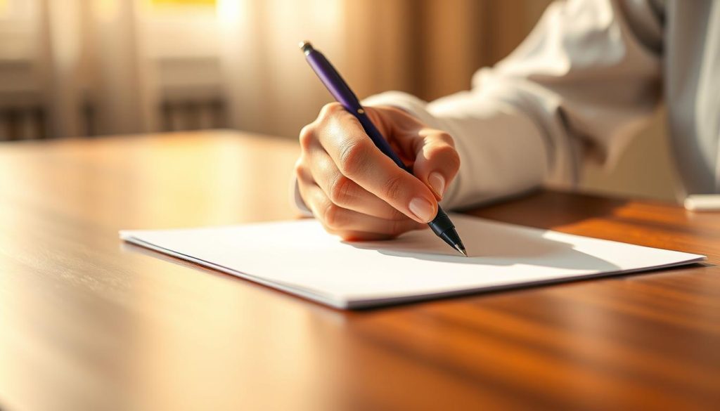 A serene and contemplative scene of a person intently writing on a desk, illuminated by a warm, natural light. The writing surface is a crisp, white piece of paper, complemented by a sleek, modern pen in a deep, royal purple hue. The background is softly blurred, allowing the writer's focus and the elegance of the writing process to take center stage. The composition is balanced, with the writer's hand and the pen creating a harmonious rhythm. The overall atmosphere is one of quiet concentration and the pursuit of excellence in crafting effective tests.