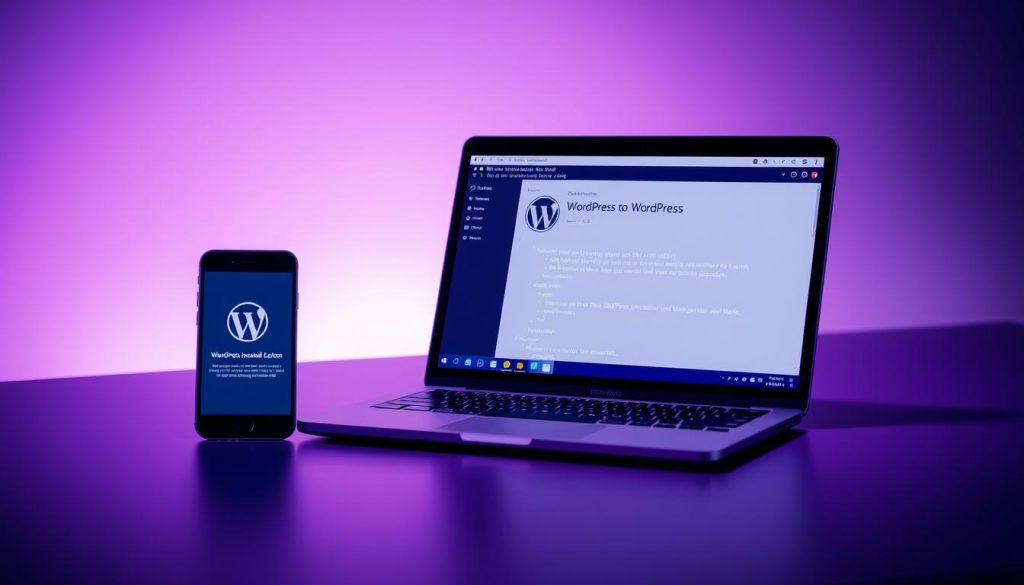A serene and focused scene of a laptop and a smartphone, meticulously displaying the WordPress installation process on a deep purple-hued workspace. Soft, diffused lighting illuminates the clean, modern setup, creating an atmosphere of productivity and technical prowess. The screen reflects the various steps of the WordPress setup, seamlessly integrated with the MariaDB database connection, hinting at the powerful capabilities of this web development environment. The overall composition exudes a sense of professionalism and expertise, perfectly suited to illustrate the "Installation of WordPress with MariaDB" section of the article.