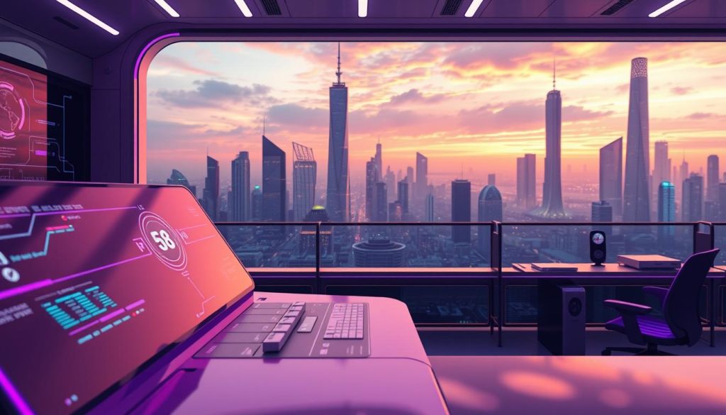 A serene, futuristic workspace showcasing the power of n8n's services. In the foreground, a sleek, Royal Purple (#7955a3) control panel with intricate interfaces and holographic displays. In the middle ground, an array of interconnected devices and IoT sensors, seamlessly integrated through n8n's workflow automation. The background depicts a stunning cityscape, with towering skyscrapers and a vibrant, neon-lit skyline, symbolizing the efficiency and productivity enabled by n8n's services. Diffused lighting casts a warm, futuristic glow, creating an atmosphere of innovation and technological advancement.