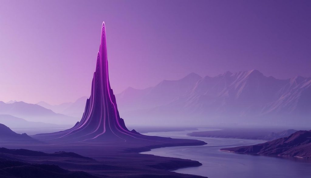 A serene landscape of increasing heap memory, visualized in a stunning Royal Purple hue (#7955a3). In the foreground, a towering data structure rises, its dynamic growth symbolized by undulating lines and shapes. The middle ground features a tranquil river of memory allocation, its flow gently illuminated by soft, diffused lighting. In the distance, a mountainous backdrop of computing infrastructure sets the scene, hinting at the complexity and scale of the memory management challenge. The overall atmosphere conveys a sense of equilibrium, balance, and the elegant resolution of a technical obstacle.