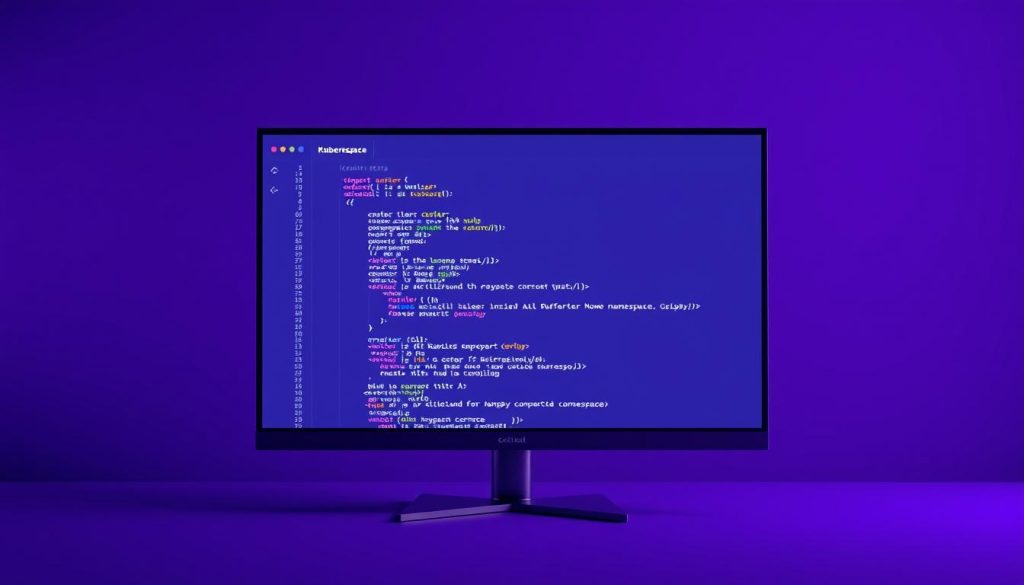 A sleek and minimalist script editor interface, bathed in a regal Royal Purple (#7955a3) hue. On the screen, a Kubernetes Namespace creation script takes shape, its lines of code neatly organized and easy to read. The script is the focal point, surrounded by a clean, uncluttered workspace with subtle grid lines and a hint of depth, creating a sense of order and efficiency. The overall mood is one of professionalism and control, inviting the viewer to dive into the world of Kubernetes namespace management.
