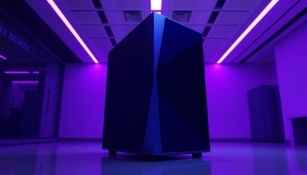 A sleek and modern database server, Megan PostgreSQL, stands prominently in the center of the frame. Bathed in a regal, royal purple (hex code #7955a3) lighting, its clean lines and angular silhouette convey a sense of power and efficiency. In the background, a minimalist, high-tech environment with subtle hints of technology creates a sophisticated and futuristic atmosphere. The camera angle, slightly elevated, gives the impression of a powerful, enterprise-grade solution, ready to handle the most demanding data management tasks. The overall mood is one of precision, reliability, and cutting-edge innovation, perfectly suited to illustrate the self-hosted capabilities of PostgreSQL on a Linux server.