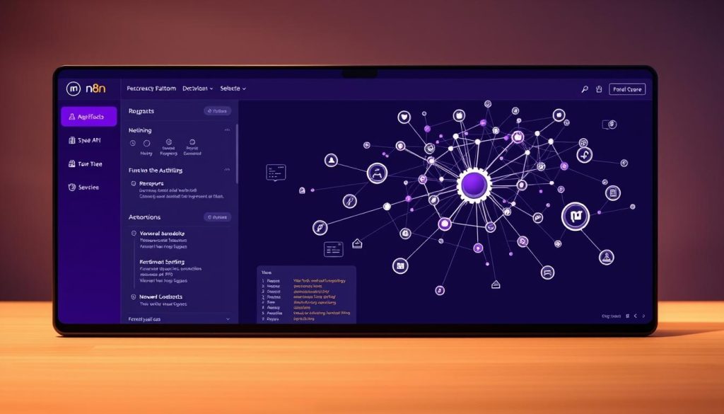 A sleek and modern desktop application interface showcasing the n8n workflow automation platform. The foreground features an elegant dashboard with various tools and options, all accented in a regal Royal Purple (color code #7955a3). In the middle ground, intricate connections and data visualizations illustrate the powerful integrations and automations possible with n8n. The background subtly hints at the broader ecosystem of web services and APIs that n8n seamlessly bridges, creating a cohesive and efficient digital workflow. Warm lighting casts a professional, yet approachable ambiance, inviting the user to explore the robust capabilities of this versatile automation solution.