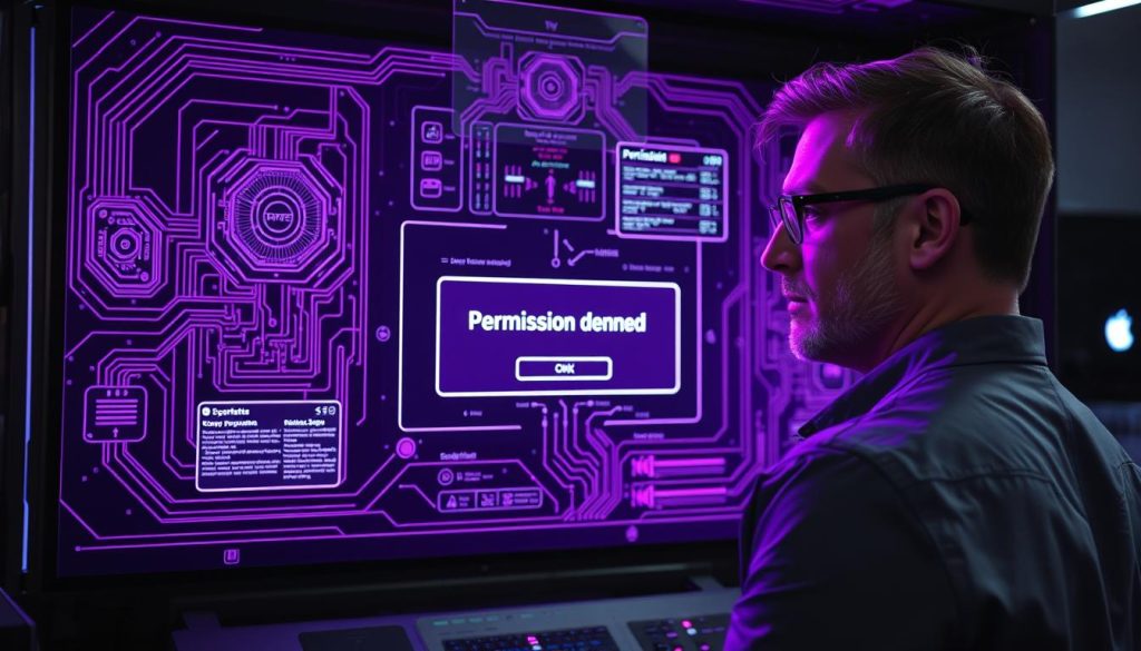 A sleek, high-tech diagnostics interface, its display bathed in a regal, royal purple glow (color code #7955a3). Intricate circuit diagrams and system information panels hover in mid-air, projected by a sophisticated holographic system. The user, a skilled IT professional, stands before the interface, brow furrowed as they investigate the "permission denied" error message displayed prominently on the screen. The atmosphere is one of focused problem-solving, with the user's tools and equipment neatly arranged, ready to assist in rapidly troubleshooting and resolving the issue at hand.