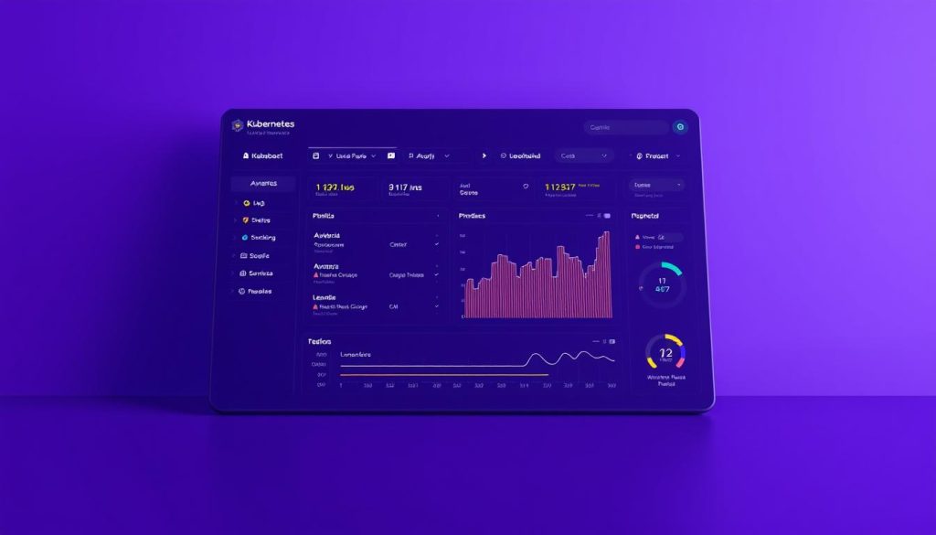 A sleek, modern Kubernetes dashboard set against a regal Royal Purple (#7955a3) backdrop. The interface displays key metrics and controls, with clean typography and intuitive iconography. The dashboard is rendered in 3D, with subtle lighting and depth of field creating a polished, professional aesthetic. The overall composition conveys a sense of authority and technical sophistication, perfectly suited to illustrate the &quot;Useful Tools and Commands for Namespace Troubleshooting&quot; section of the article.