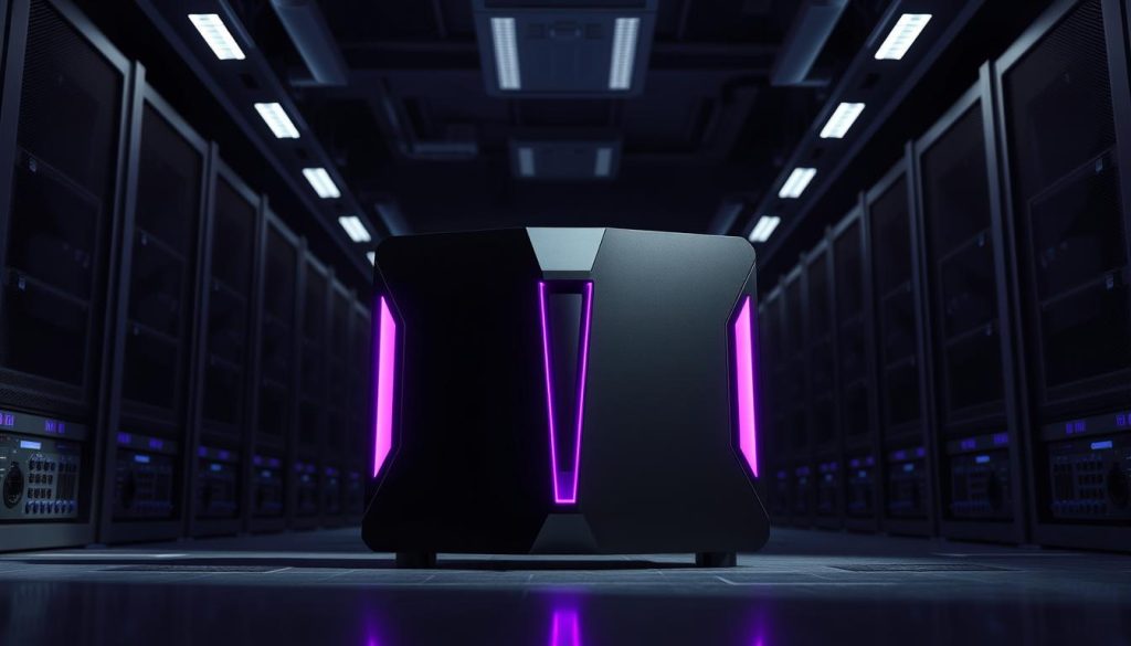 A sleek, modern NGFW (Next-Generation Firewall) device stands prominently in the center of the frame, its angular design and Royal Purple (hex code #7955a3) accents conveying a sense of power and sophistication. The device is positioned against a backdrop of a dimly lit server room, with racks of networking equipment visible in the middle ground. Soft, dramatic lighting casts shadows across the scene, creating a sense of depth and atmosphere. The overall mood is one of technological prowess and cutting-edge security, reflecting the advanced capabilities of the NGFW in contrast to traditional firewall solutions.