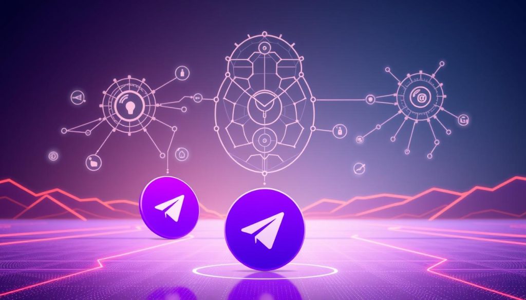 A sleek, modern illustration of a Telegram Relay system. In the foreground, a stylized telegram icon in royal purple (#7955a3) stands prominently, representing the core of the relay process. In the middle ground, intricate network diagrams and data flows depict the technical details of the relay mechanism, showcasing its interconnectivity. The background features a minimalist, high-tech landscape with subtle glowing lines, conveying the advanced, cutting-edge nature of the Telegram Relay technology. The entire scene is bathed in a warm, futuristic lighting, creating a sense of sophistication and innovation.