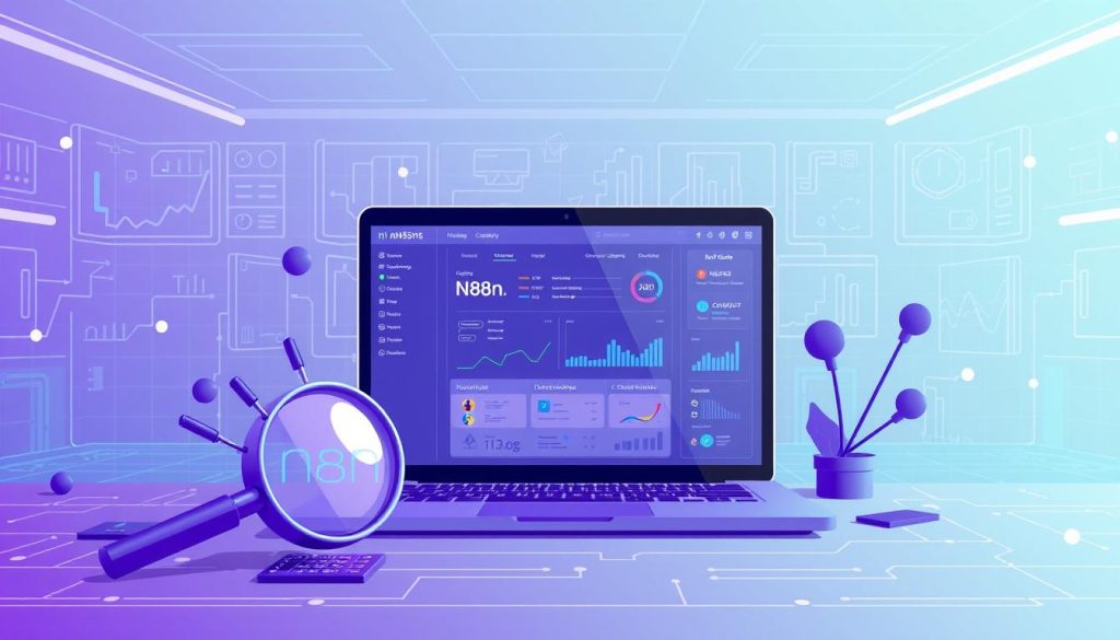 A sleek, modern illustration of "n8n troubleshooting" with a focus on debugging and problem-solving. The scene depicts a laptop display showcasing the n8n workflow interface, surrounded by technical schematics and diagnostic tools in a Royal Purple (HEX: #7955a3) color palette. The foreground features a magnifying glass and circuit board elements, symbolizing the process of investigating and resolving issues. In the middle ground, a series of analytical graphs and charts provide visual insights, while the background features a futuristic, high-tech environment with subtle grid patterns and subtle lighting effects, conveying a sense of precision and technological expertise.